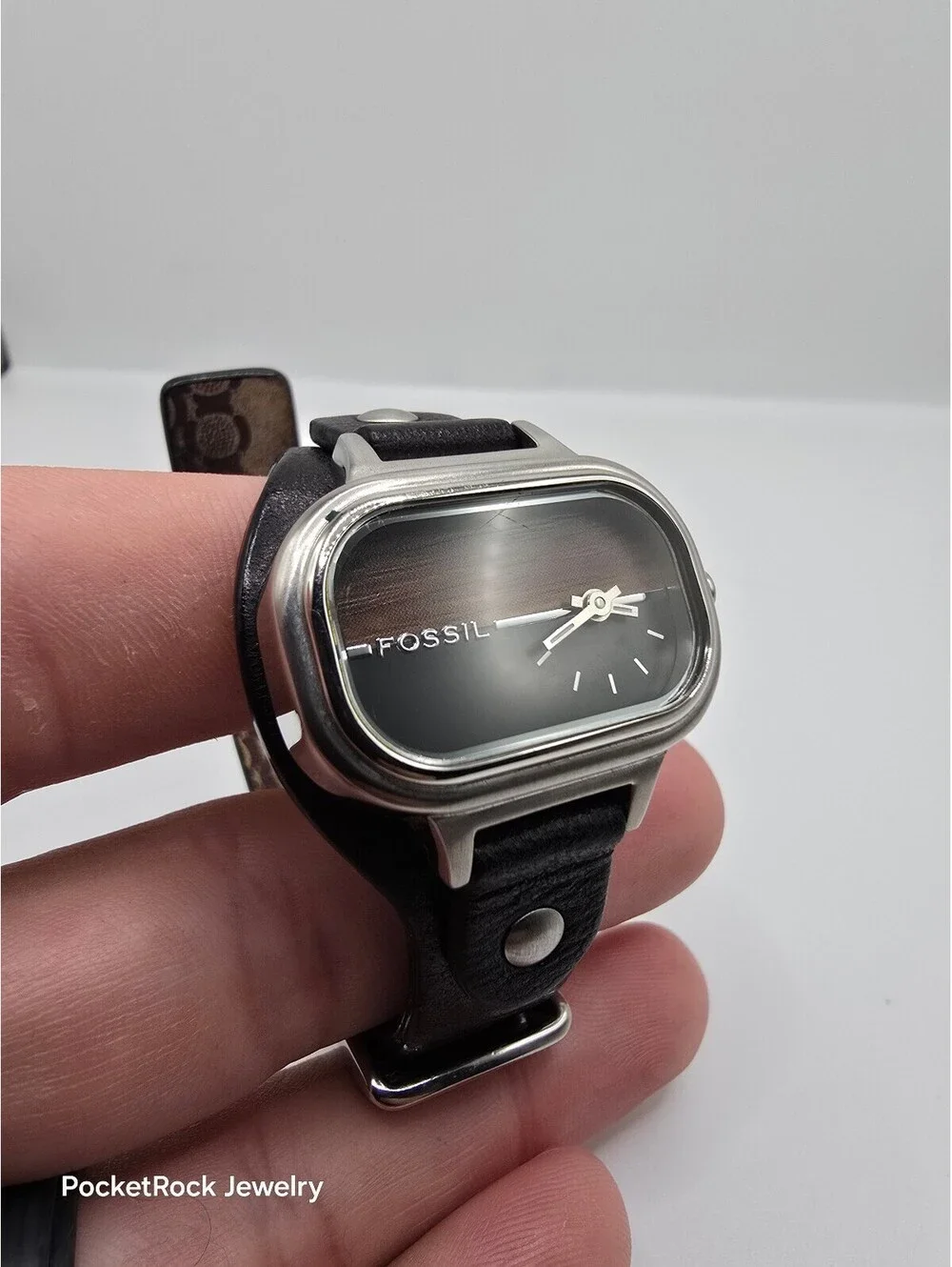 Fossil Women’s Quartz Analog Rectangle Watch Black Dial Silver Case Leather